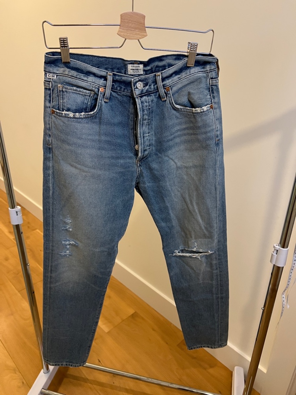 Citizens Of Humanity Distressed Slim Straight Jeans in Faded Blue